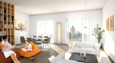 建筑可视化效果图，展示现代室内空间的3d模型渲染结果，光线柔和真实感强